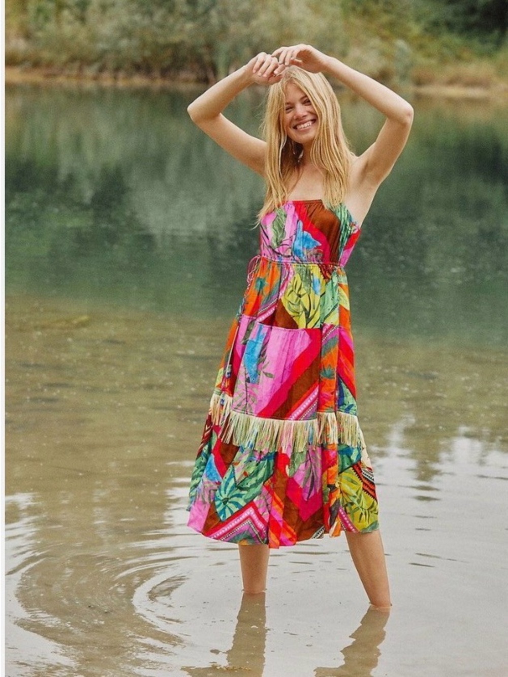 FARM Rio Palila Multicolor Fringe Midi Dress